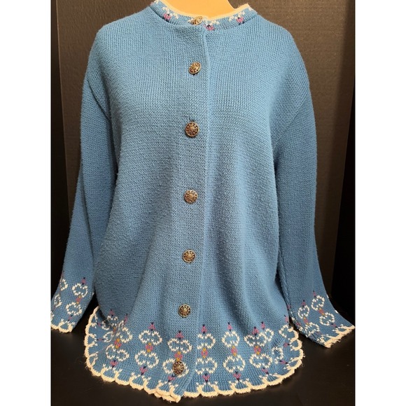 Jersild Sweaters - VTG Jersild Light Blue Nordic Fair Isle Cardigan Sweater Made in USA Ornate